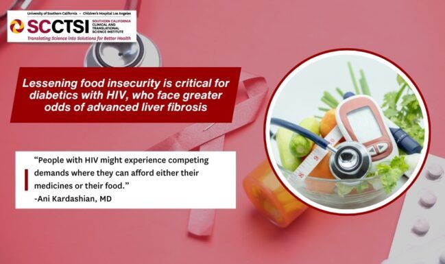 Text box 1: Lessening food insecuirty is critical for diabetics with HIV, who face greater odds of advanced liver fribrosis. Text box 2: "People with HIV might experience competing demands where they can afford either their medicines or their food." - Ani