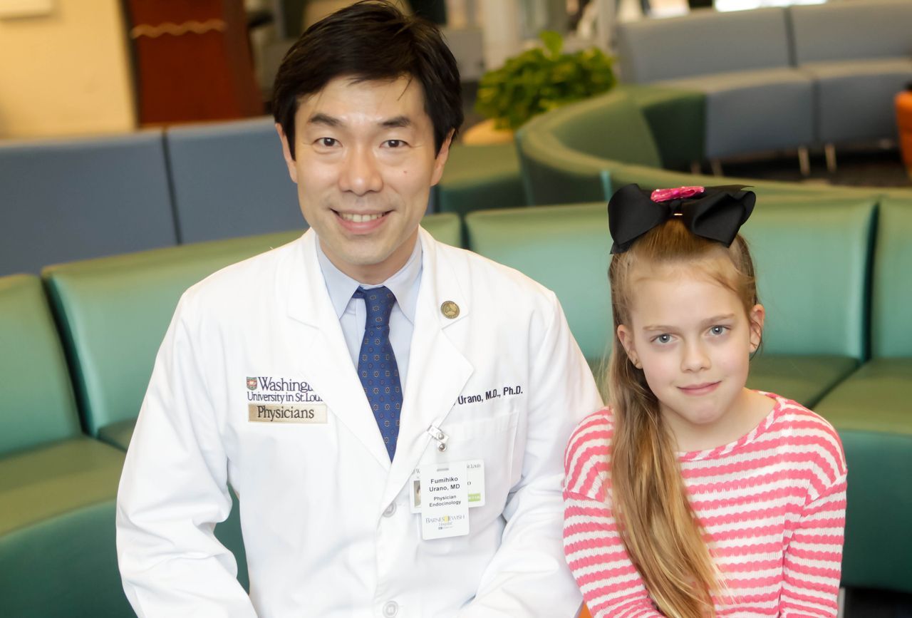 Dr. Fumihiko Urano (left) with Wolfram Syndrome patient, Raquel and daughter of Stephanie Snow Gebel, founder and CEO of the Snow Foundation in St. Louis.