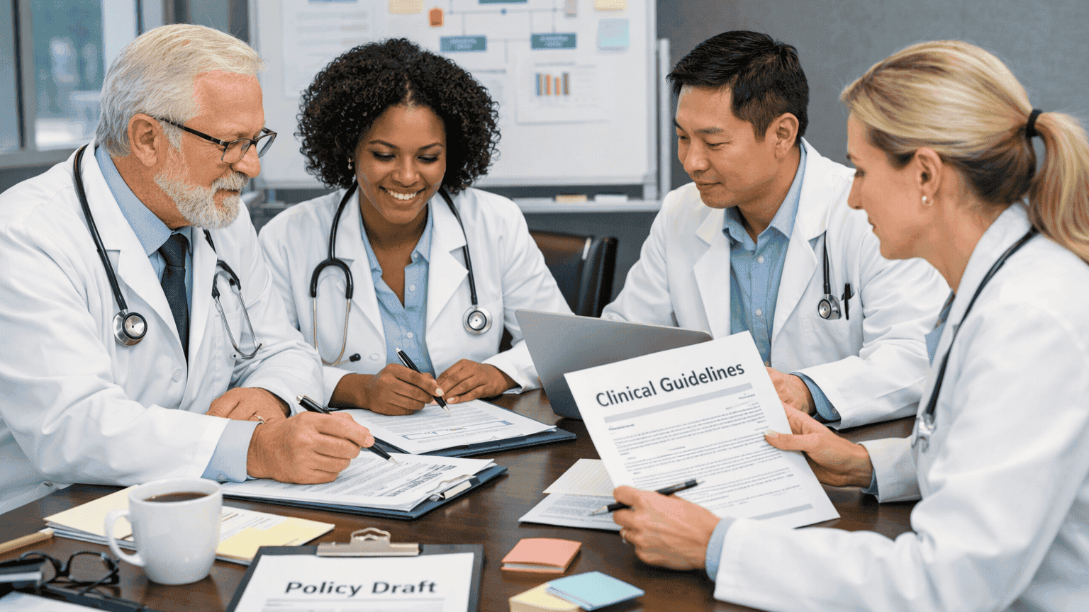 Four medical professionals reviewing clinical guidelines.