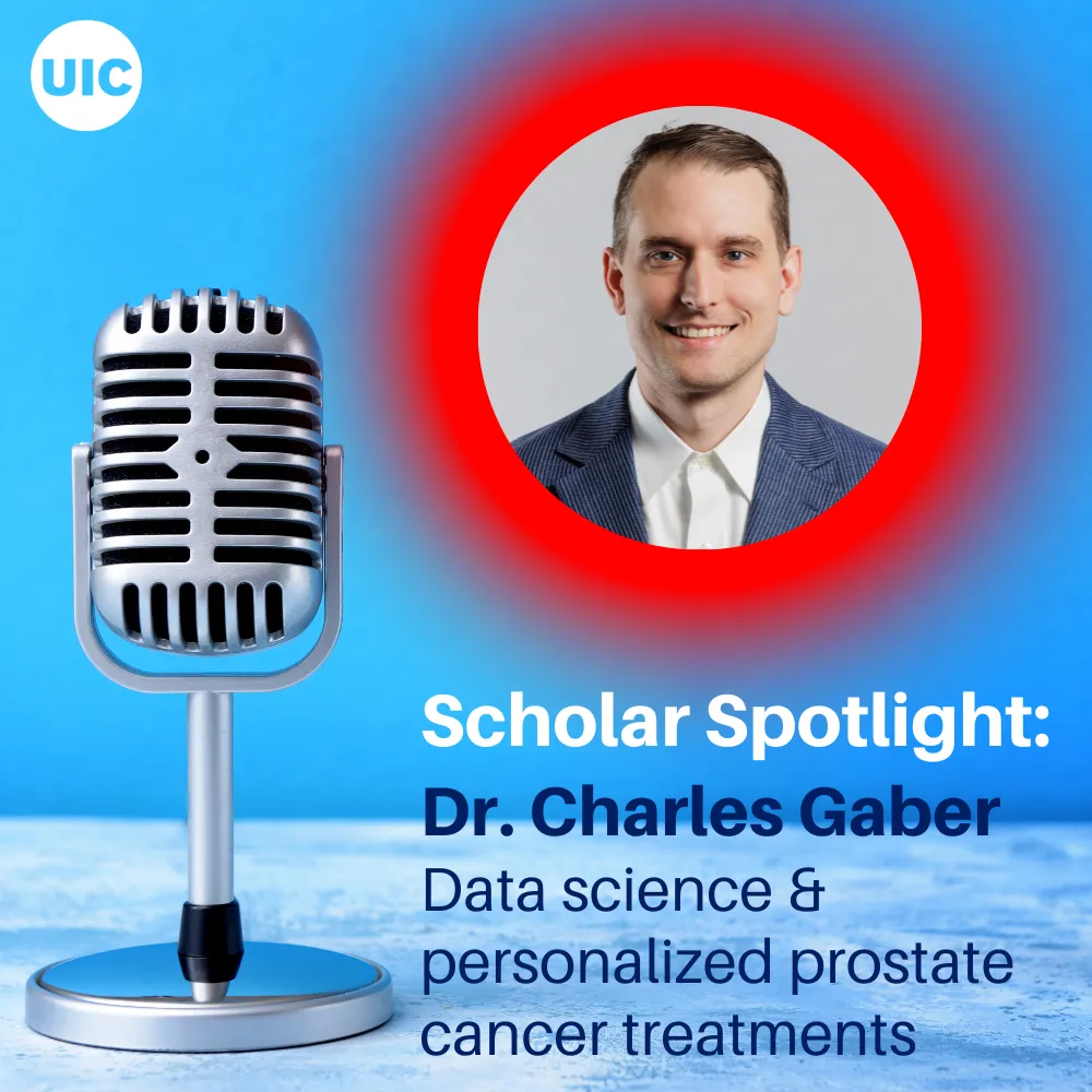 Podcast microphone and headshot of Dr. Charles Gaber.