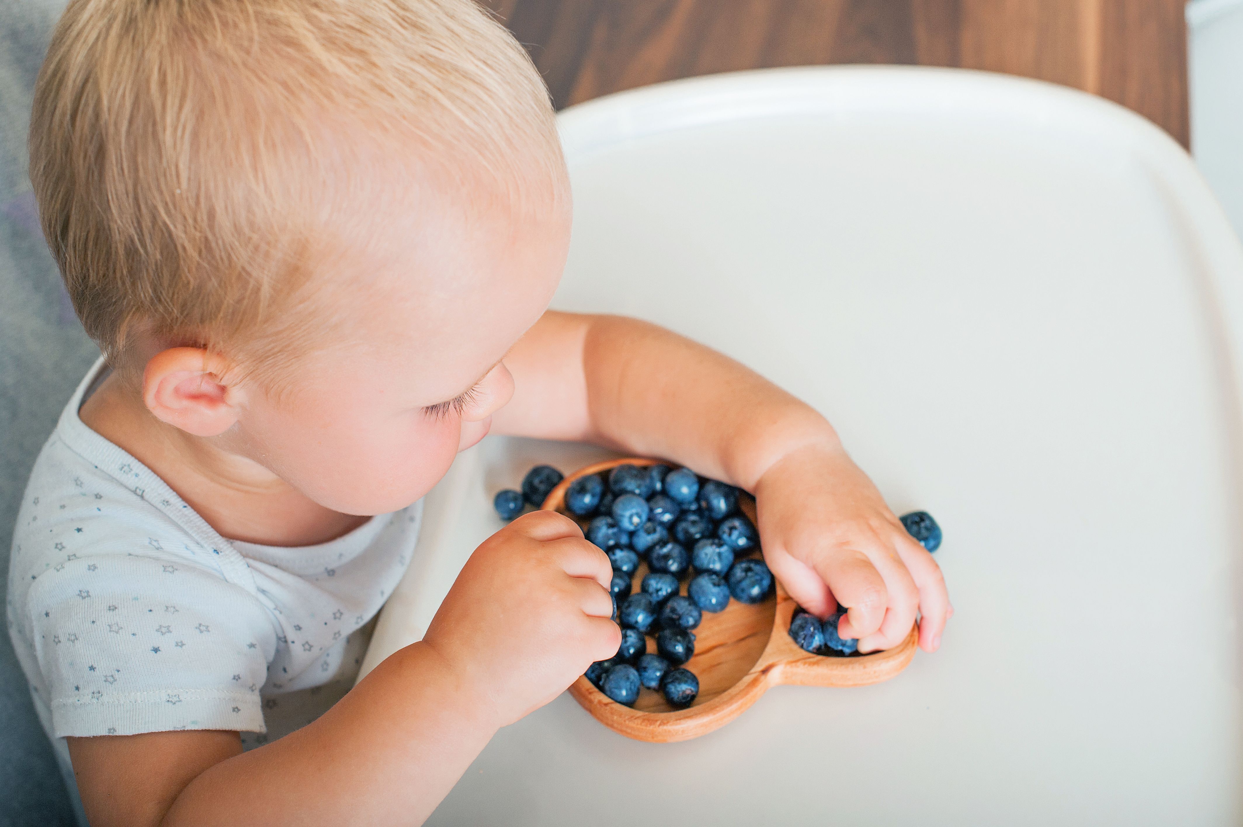 Child eating blueberries.