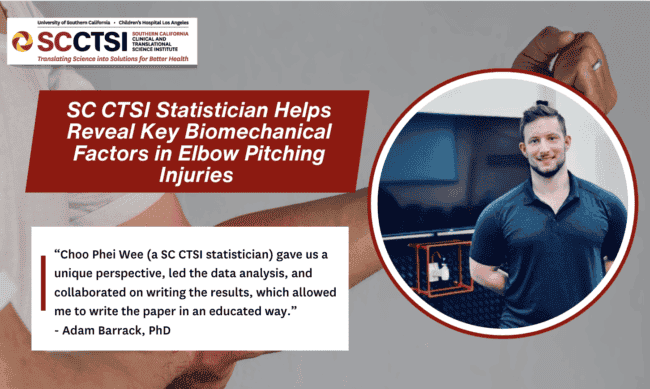 Headshot of Dr. Adam Barrack with text "SC CTSI Statistician Helps Reveal Key Biomechanical Factors in Elbow Pitching Injuries"