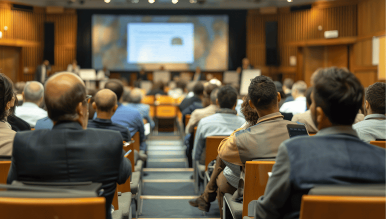 People listening to a lecture in an auditorium